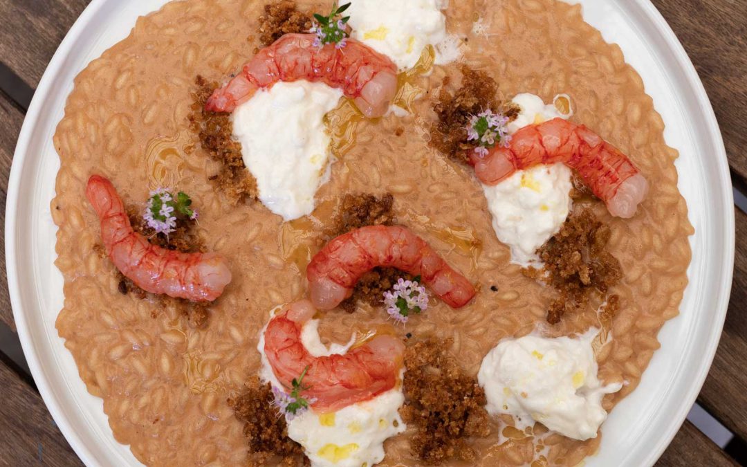 Risotto con Gambero Rosso (Mazara del Vallo), Burrata e Crumble di pane tostato